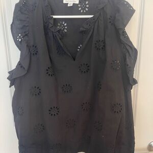 Freda Salvador Black Eyelet Ruffle V-Neck Blouse